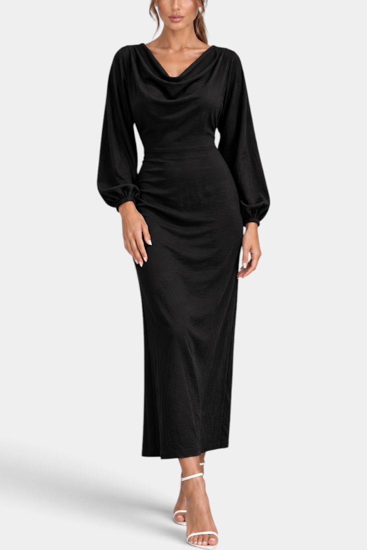 Mahaute Nicole black long dress with draped cowl neck, balloon sleeves, and fitted waist on a model.