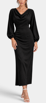 Mahaute Nicole black long dress with draped cowl neck, balloon sleeves, and fitted waist on a model.