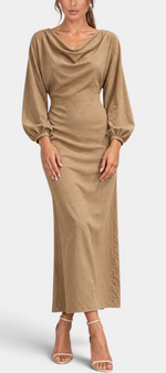 Mahaute Nicole long beige dress with draped cowl neck, balloon sleeves, and fitted waist on a model.