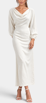 Mahaute Nicole long cream dress with draped cowl neck, balloon sleeves, and fitted waist on a model