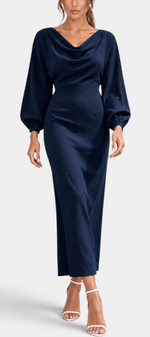 Mahaute Nicole navy blue long dress with draped cowl neck, balloon sleeves, and fitted waist on a model