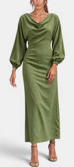 Mahaute Nicole olive green long dress with draped cowl neck and voluminous balloon sleeves on a model