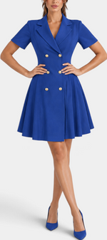 Mahaute Ognyana royal blue short blazer dress with double-breasted gold buttons and a flared pleated skirt