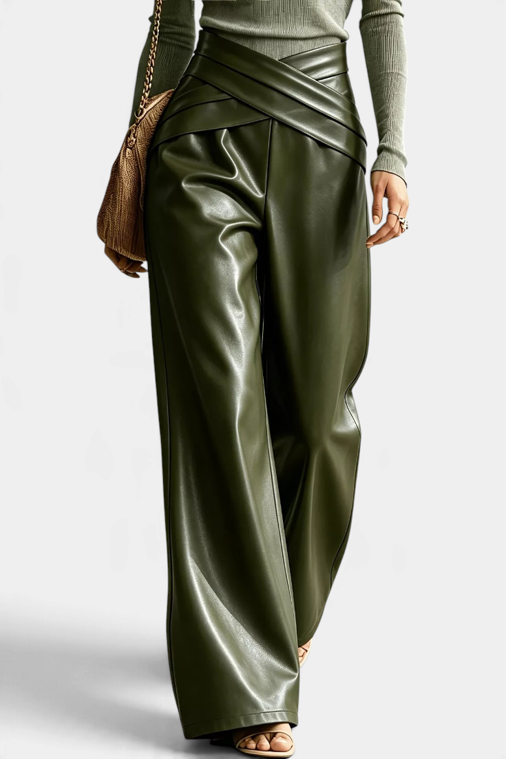 Mahaute Camellia wide-leg trousers in olive green faux leather with a stylish crossover waist and front pleats.