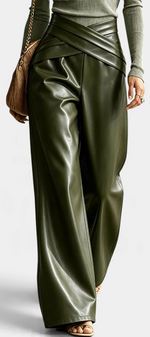 Mahaute Camellia wide-leg trousers in olive green faux leather with a stylish crossover waist and front pleats.