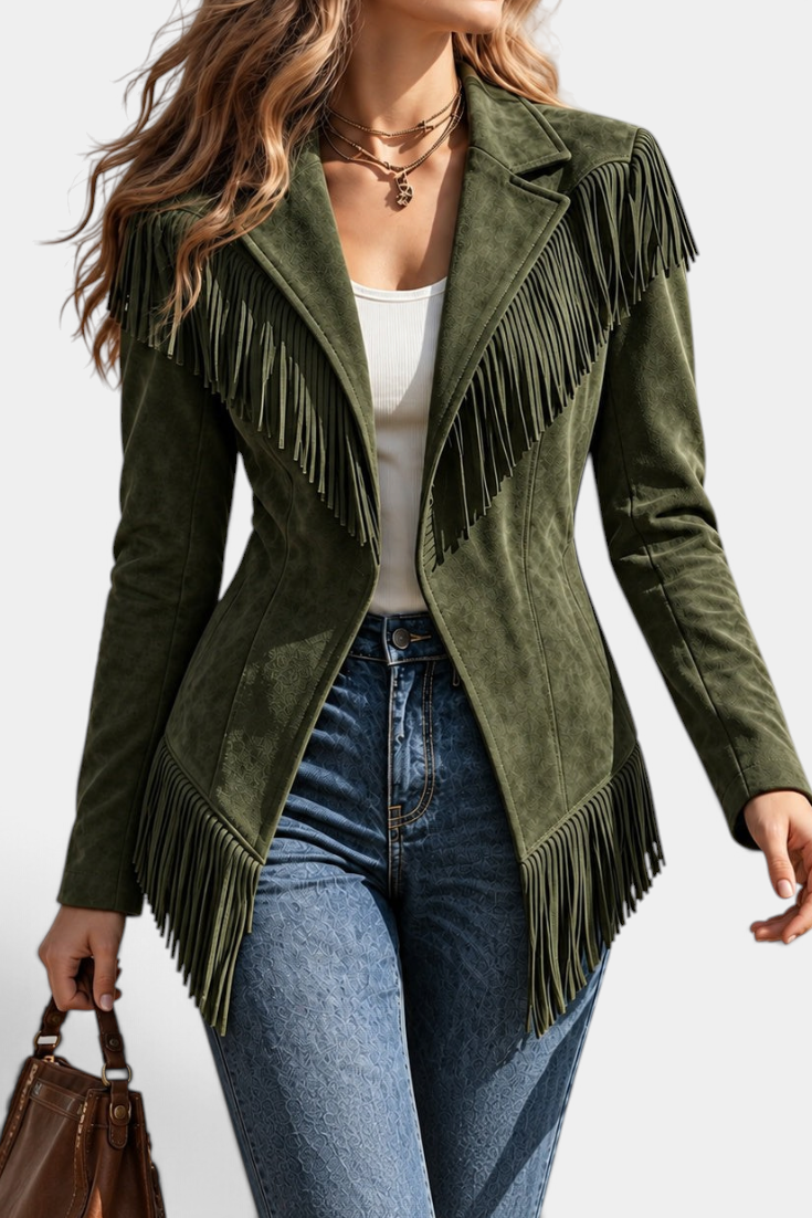 Mahaute olive green faux suede tailored jacket with long fringe detailing on shoulders and hem.