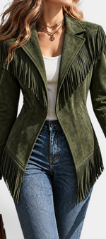 Mahaute olive green faux suede tailored jacket with long fringe detailing on shoulders and hem.