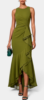 Mahaute Orinthia olive green sleeveless mermaid gown with asymmetrical draping and cascading ruffles for formal events