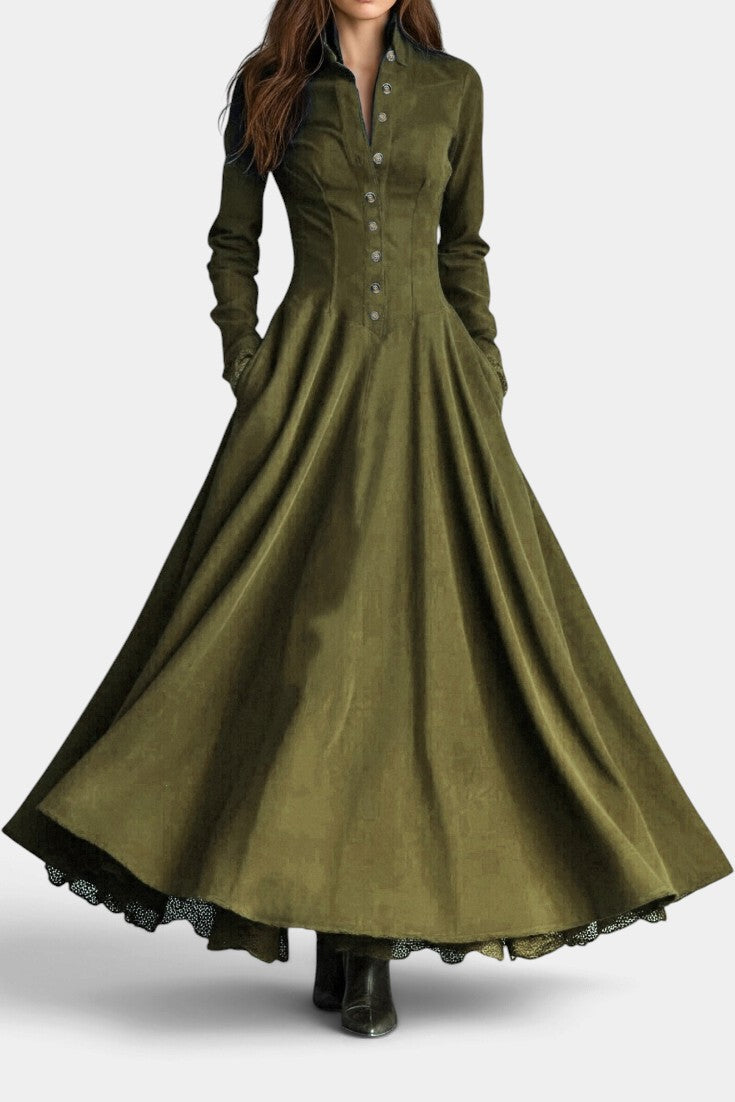 Mahaute long olive green faux suede shirt dress with a structured collar, button-down front, and flared skirt.