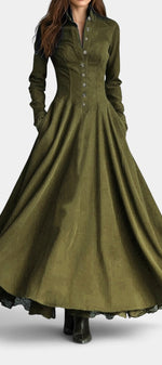 Mahaute long olive green faux suede shirt dress with a structured collar, button-down front, and flared skirt.