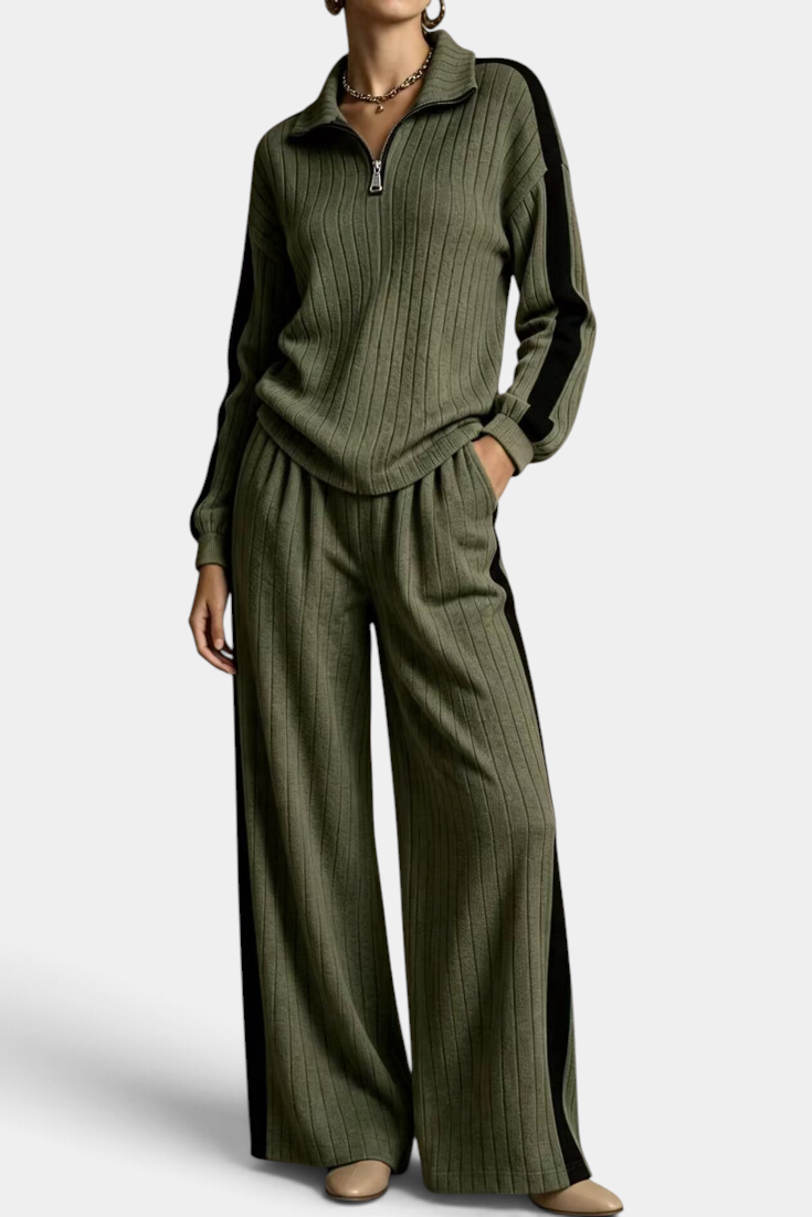 Mahaute olive green ribbed knit lounge set with zip-up sweater and wide-leg trousers featuring black side stripes.