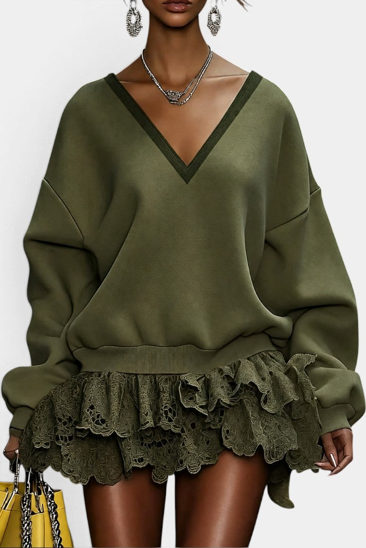 Mahaute olive green V-neck sweatshirt dress with long sleeves and a layered lace ruffled skirt for a modern look.