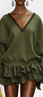 Mahaute olive green V-neck sweatshirt dress with long sleeves and a layered lace ruffled skirt for a modern look.