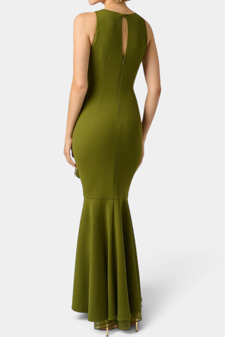 Mahaute Orinthia olive green sleeveless mermaid gown with a back keyhole detail and flowing ruffled skirt.