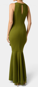 Mahaute Orinthia olive green sleeveless mermaid gown with a back keyhole detail and flowing ruffled skirt.