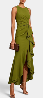 Mahaute Orinthia olive green mermaid evening gown with asymmetrical draped waist, cascading ruffles, and side slit.