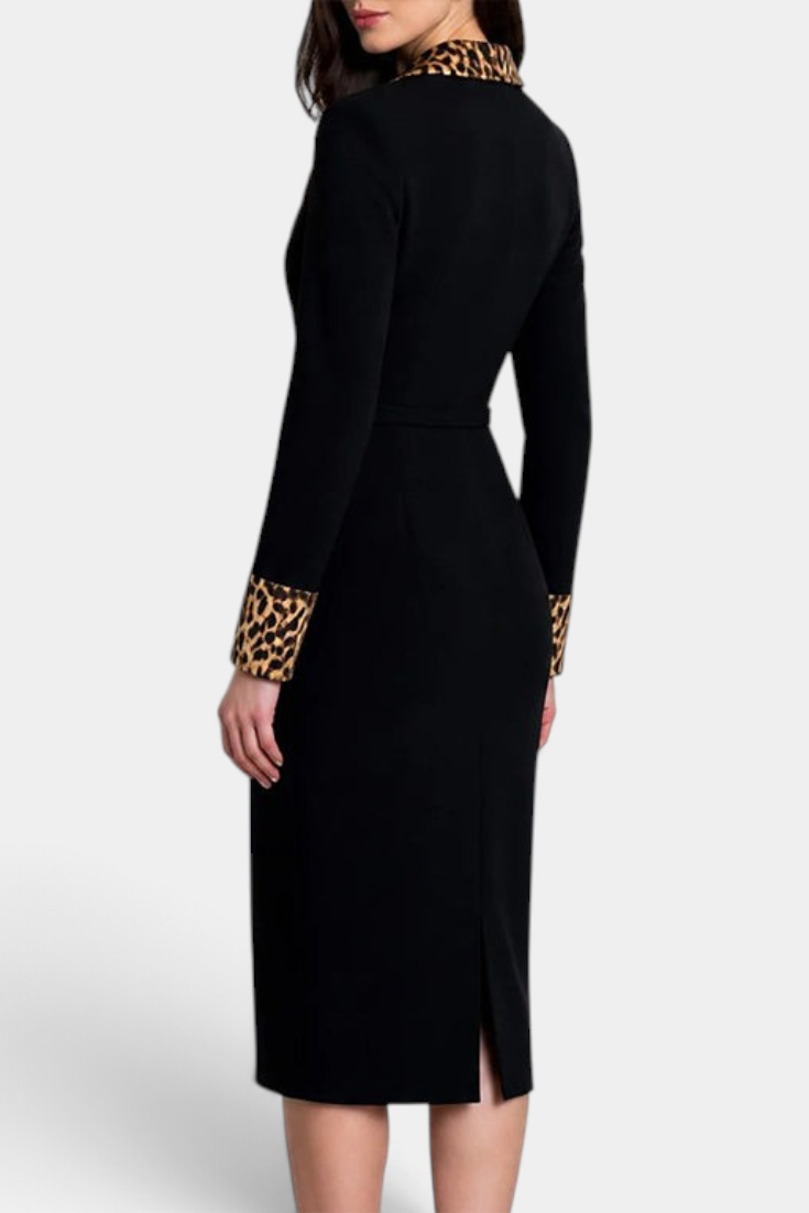 Mahaute Oulya black midi blazer dress with leopard print collar and cuffs, back view.