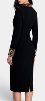 Mahaute Oulya black midi blazer dress with leopard print collar and cuffs, back view.