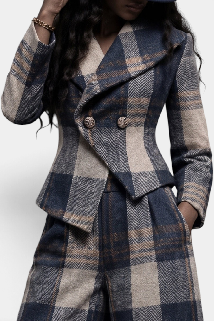 Mahaute Paca tailored blazer and trousers set in blue and beige plaid wool with a fitted double-breasted silhouette.