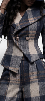 Mahaute Paca tailored blazer and trousers set in blue and beige plaid wool with a fitted double-breasted silhouette.