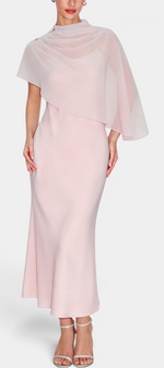 Mahaute midi satin dress in pale pink featuring an asymmetrical cape overlay and elegant draped neckline