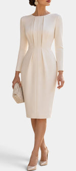 Mahaute Pearce cream midi dress with structured front pleats, long sleeves, and a fitted silhouette for formal events.
