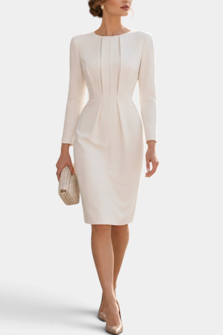 Mahaute Pearce cream midi dress with structured pleats, long sleeves, and a fitted waist for a sophisticated look.