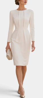 Mahaute Pearce cream midi dress with structured pleats, long sleeves, and a fitted waist for a sophisticated look.