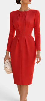 Mahaute Pearce red midi dress with structured pleats, long sleeves, and a fitted silhouette for formal occasions.