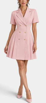 Mahaute pink short blazer dress with double-breasted buttons, notched lapels, and a structured pleated skirt.