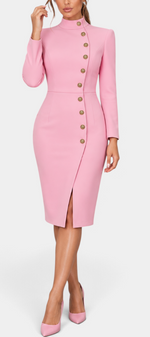 Mahaute Vihra pink midi dress with high neck, long sleeves, and asymmetrical gold buttons on a fitted silhouette.