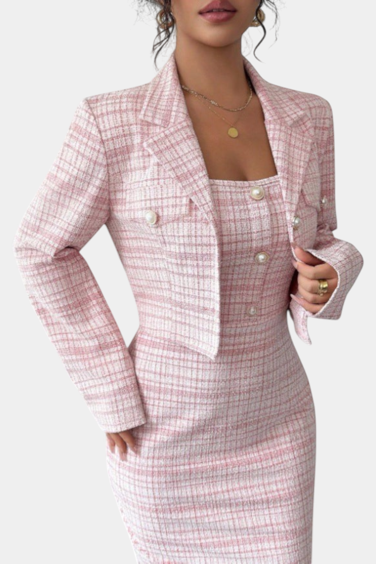 Mahaute Kalina pink plaid midi dress and matching structured blazer set with square neckline and pearl buttons