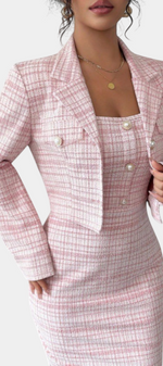 Mahaute Kalina pink plaid midi dress and matching structured blazer set with square neckline and pearl buttons