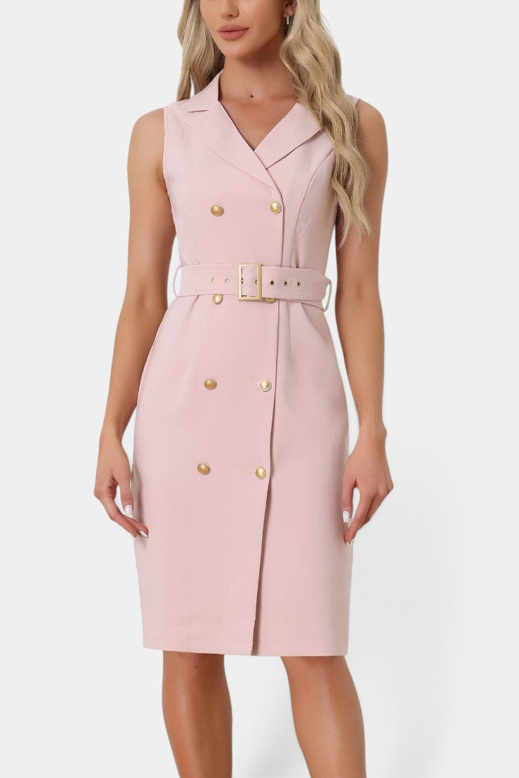Robe mi-longue sans manches Mahaute style blazer avec ceinture, couleur rose, élégante et moderne, parfaite pour une tenue chic.