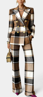 Mahaute plaid suit featuring a double-breasted blazer with gold buttons and wide-leg trousers in brown and white.