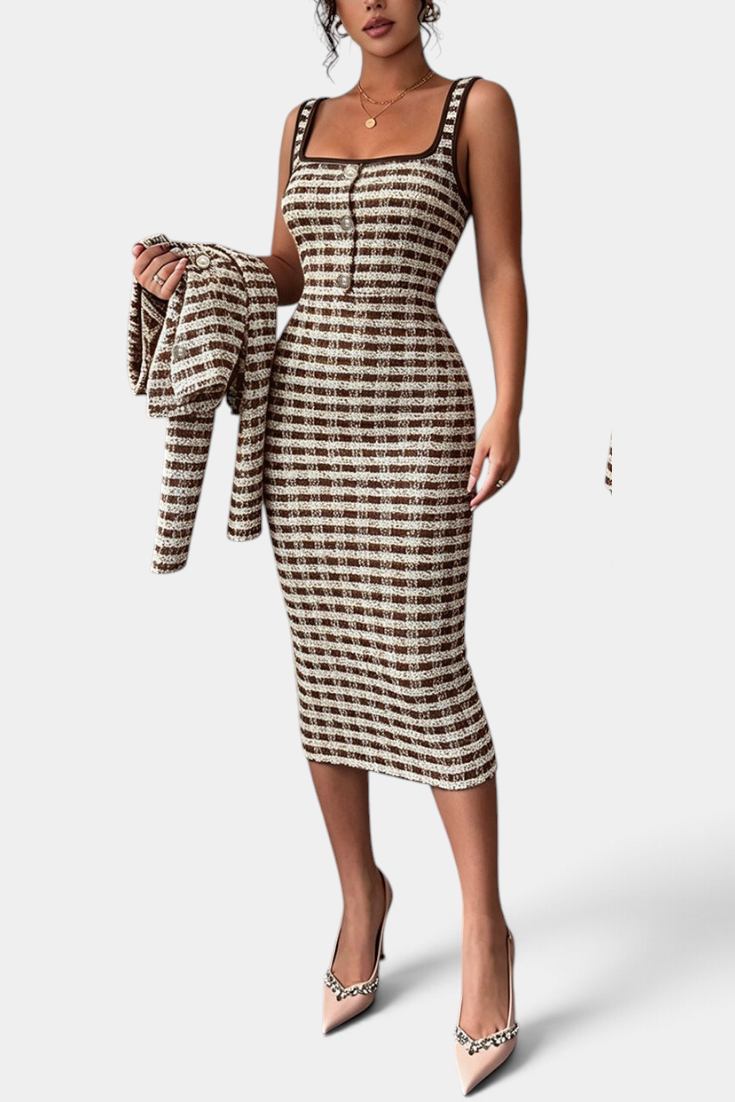 Mahaute Kalina brown and white plaid midi dress with square neckline and matching structured blazer set