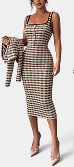 Mahaute Kalina brown and white plaid midi dress with square neckline and matching structured blazer set