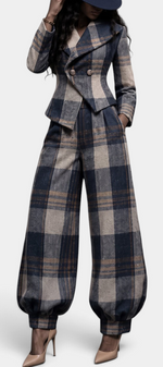 Mahaute plaid tailored suit with a fitted double-breasted blazer and high-waisted balloon trousers.