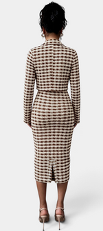 Back view of Mahaute Kalina midi dress and blazer set in brown and white plaid tweed with a back slit