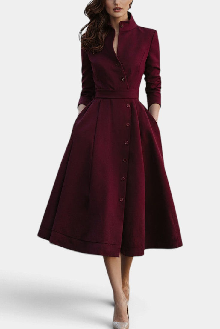Mahaute Prague burgundy midi shirt dress with a structured high collar, button-down front, and belted waist.