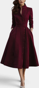Mahaute Prague burgundy midi shirt dress with a structured high collar, button-down front, and belted waist.