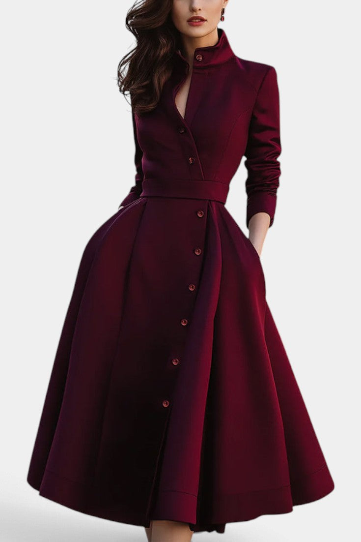 Mahaute burgundy midi shirt dress with a structured high collar, button-down front, and belted waist.