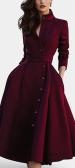 Mahaute burgundy midi shirt dress with a structured high collar, button-down front, and belted waist.