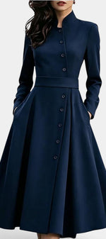 Mahaute navy blue midi shirt dress with a structured high collar, button-front closure, and a belted waist.