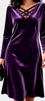 Mahaute purple velvet short dress with long sleeves and a V-neckline featuring decorative crisscross straps.