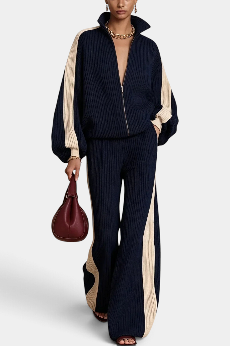 Mahaute Radostina navy and cream ribbed knit zip-up jacket and wide-leg trousers set with contrasting side stripes