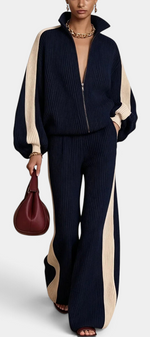 Mahaute Radostina navy and cream ribbed knit zip-up jacket and wide-leg trousers set with contrasting side stripes