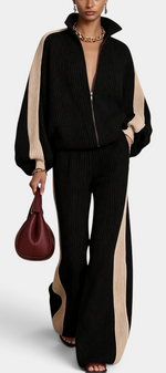 Mahaute Radostina black and beige ribbed knit zip-up jacket and wide-leg trousers set with contrasting side stripes