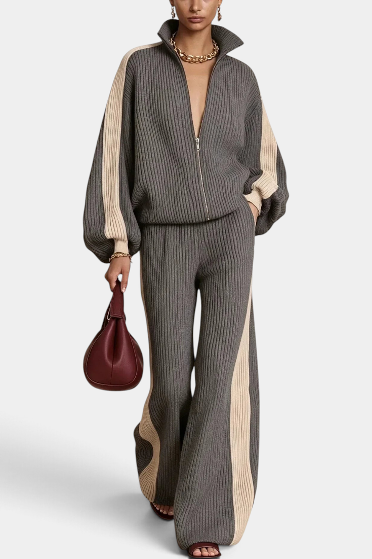 Mahaute Radostina ribbed knit zip-up jacket and wide-leg trousers set in grey with cream contrast side stripes