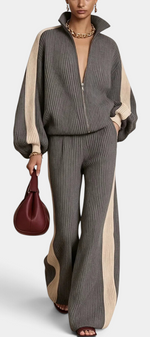 Mahaute Radostina ribbed knit zip-up jacket and wide-leg trousers set in grey with cream contrast side stripes